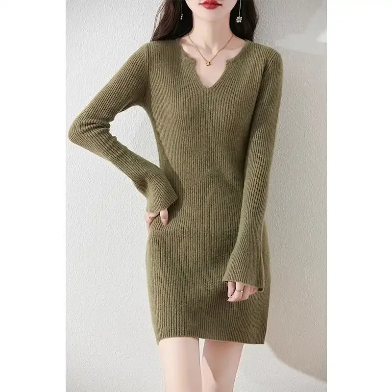 

Women's Solid V-Neck Mini Knit Dress Versatile Slim Fit Base Layer Autumn Winter Dress