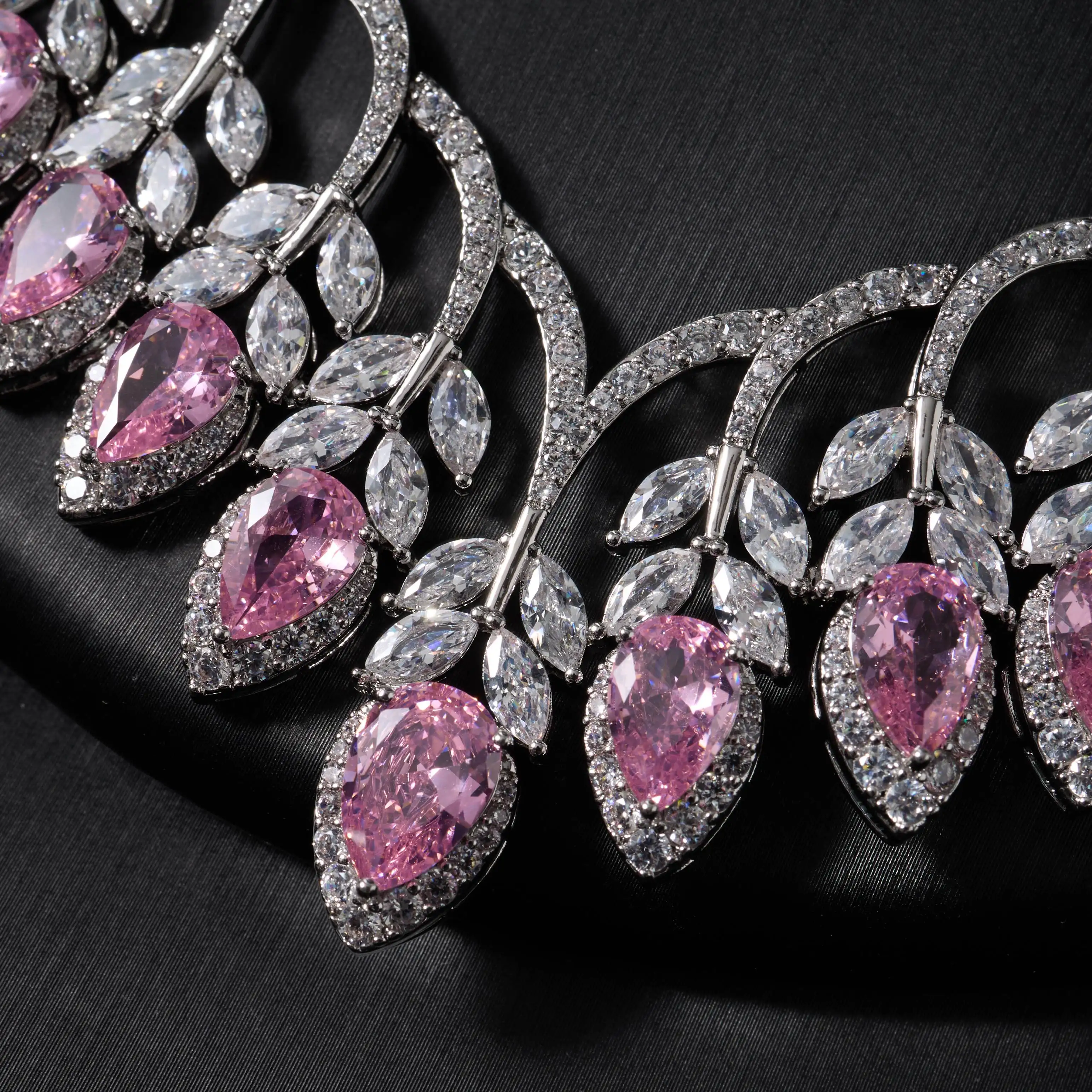 00083 Luxury Leaf Marquise Cubic Zirconia 4Pcs Jewelry Set For Women Silver Plated Full Diamond Necklace Earrings Bracelet Ring