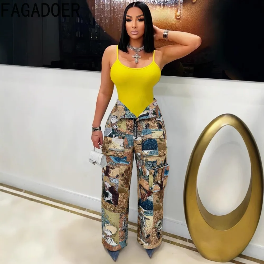 FAGADOER Fashion Retro Tie Dye Printing Pocket Cargo Pants Women High Waisted Button Straight Trousers Female Bottoms Streetwear