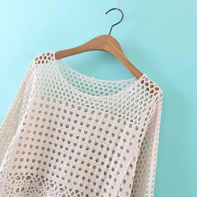 Long-sleeved crocheted hollow lace bottoming shirt women t shirt summer Korean long sleeve o neck thin top sunscreen t shirt