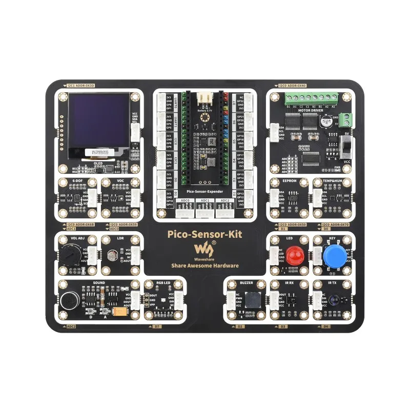 

Raspberry Pi Pico Entry-Level Sensor Kit, Including Expansion Board and 15 Common Modules, All-in-one Design