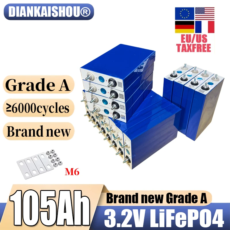 Аккумулятор LiFePO4 класса А, 3.2В 105Ач, литий-железо-фосфатный, перезаряжаемый, для 12В 24В 36В 48В систем, для путешествий, солнечных батарей, кемперов, гольф-каров, яхт