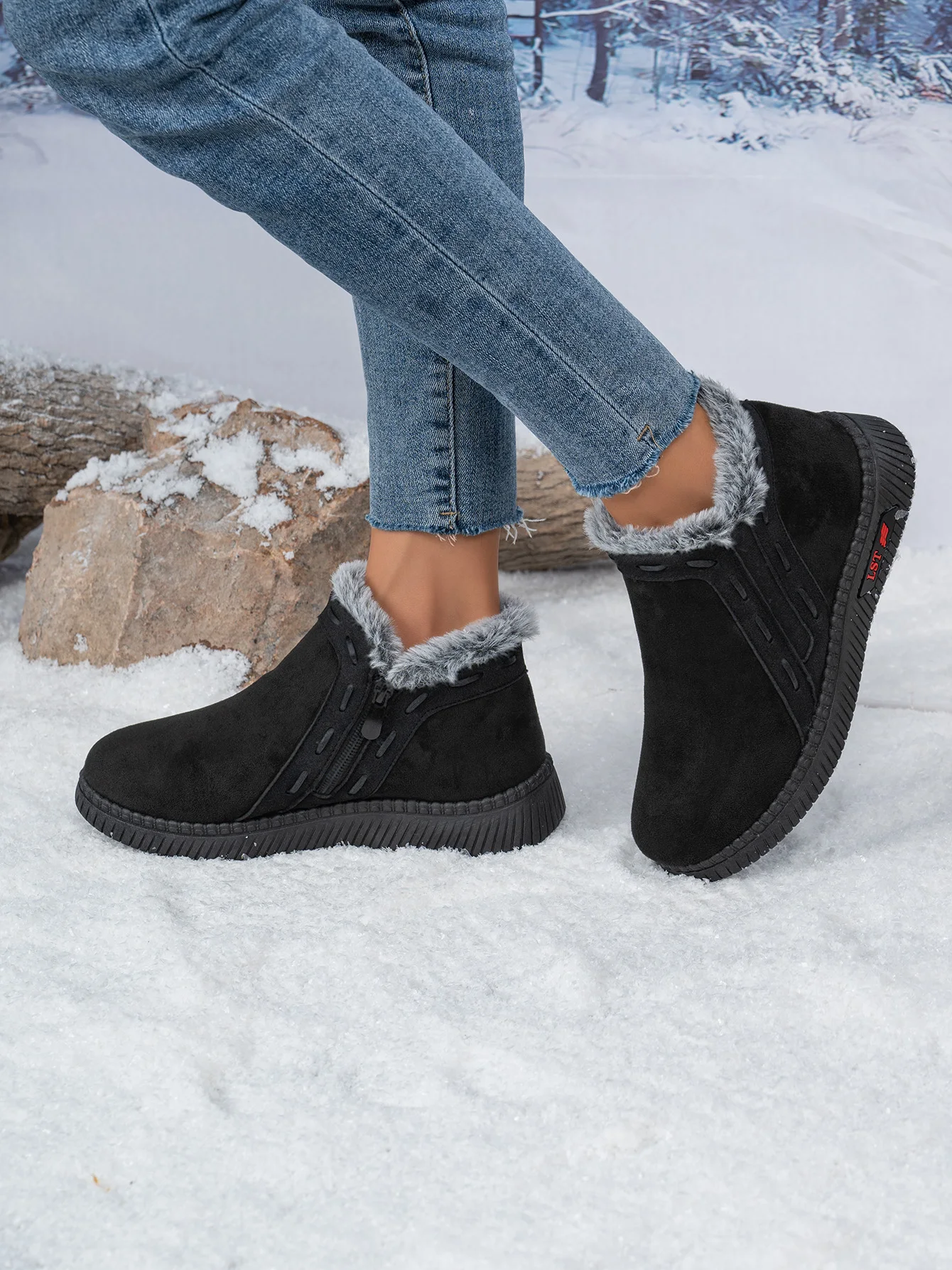 Damen-Winterstiefel Braun Damen-Knöchelstiefel mit seitlichem Reißverschluss, warm gefüttert mit Fleece, rutschfeste flache Schneestiefel für den täglichen Outdoor-Gebrauch. – Detail 19