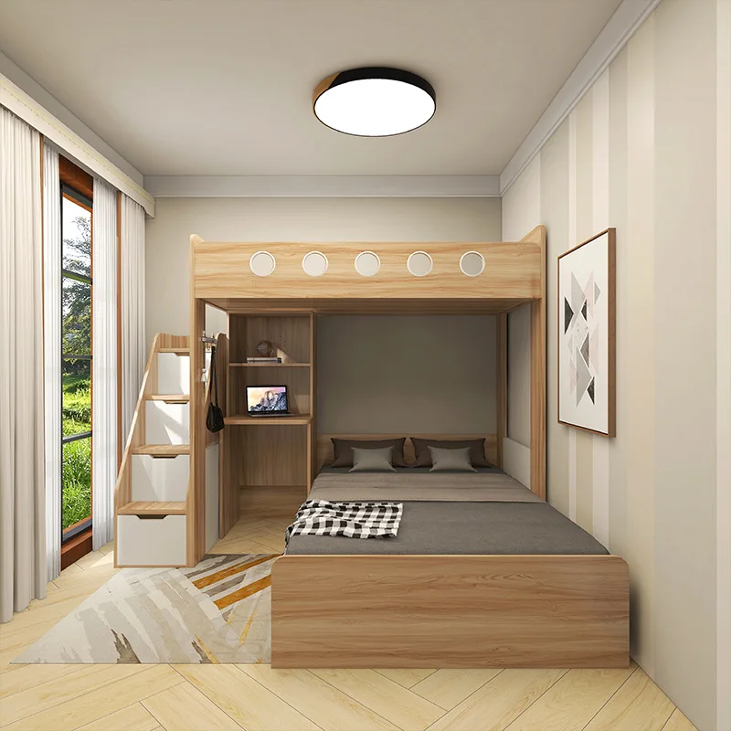 Small apartment on the bed and under the table, staggered double-layer wardrobe bookshelf + combined bed, multi-functional