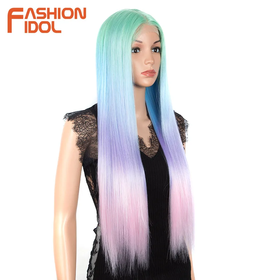 FASHION IDOL 30 Inch Straight Wig Synthetic Hair Lace Wigs For Women Ombre Rainbow Colorful Cosplay Wig Heat Resistant Fake Hair