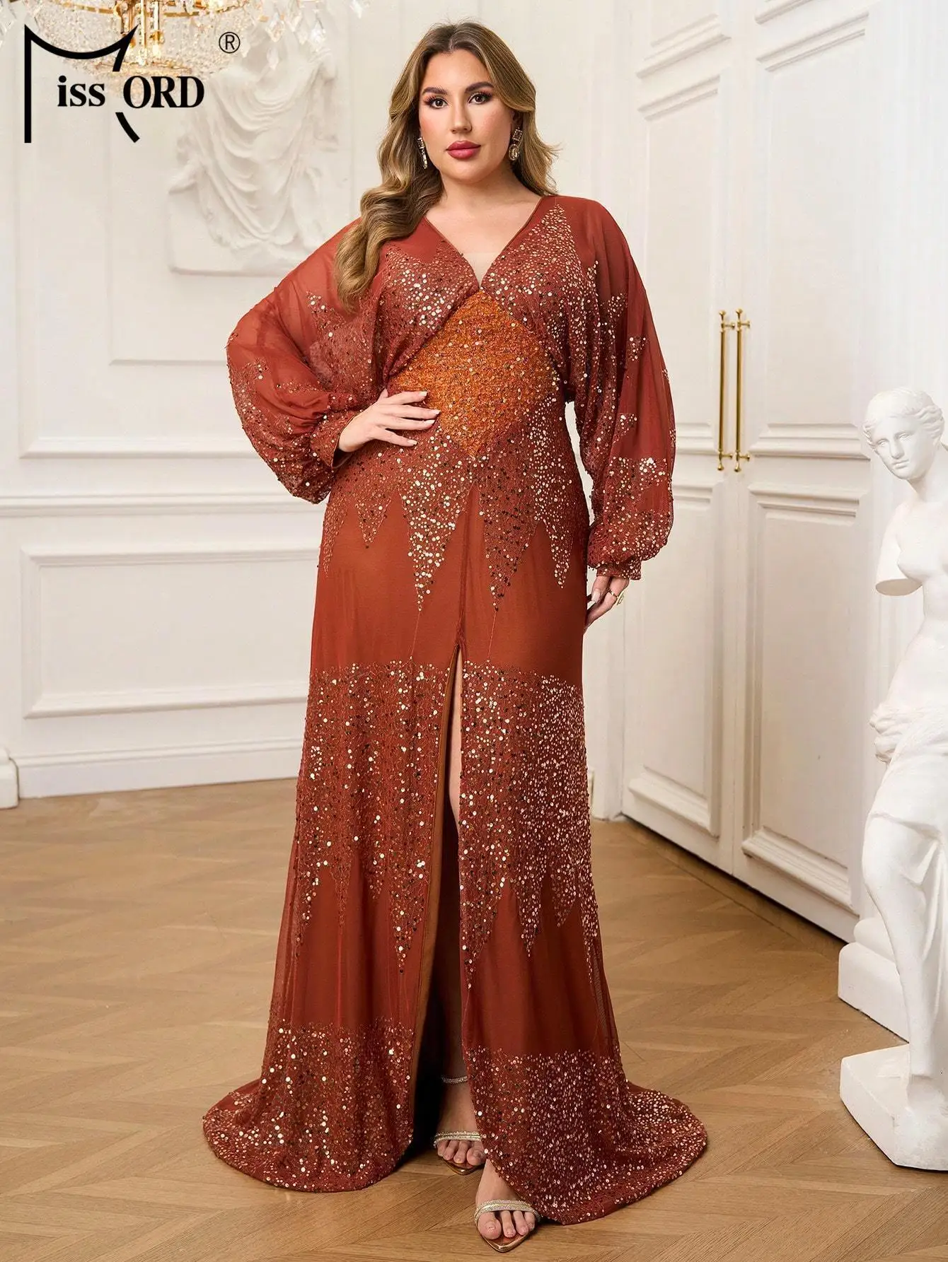 Missord حجم كبير الكنيسة الخامس الرقبة فانوس كم الترتر فضفاض الخريف ثوب مسائي الزفاف حفلة عيد ميلاد فستان جميل أنيق #5