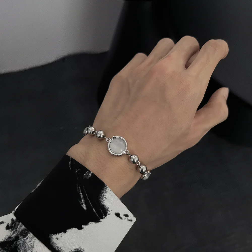 高級ムーンストーンブレスレット男性女性用非退色チタン鋼キャッツアイストーンビーズブレスレットファッションカップルジュエリーKpopギフト
