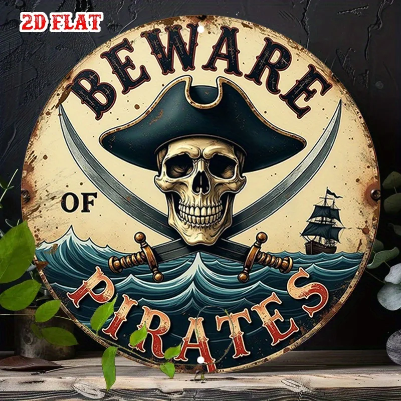 2D Flat, 1pc Nautical Pirate Skull & Crossbones Round Aluminum Sign - Rustic Metal Wall Art, 19.99x19.99 cm, Weathered Blue & Wh