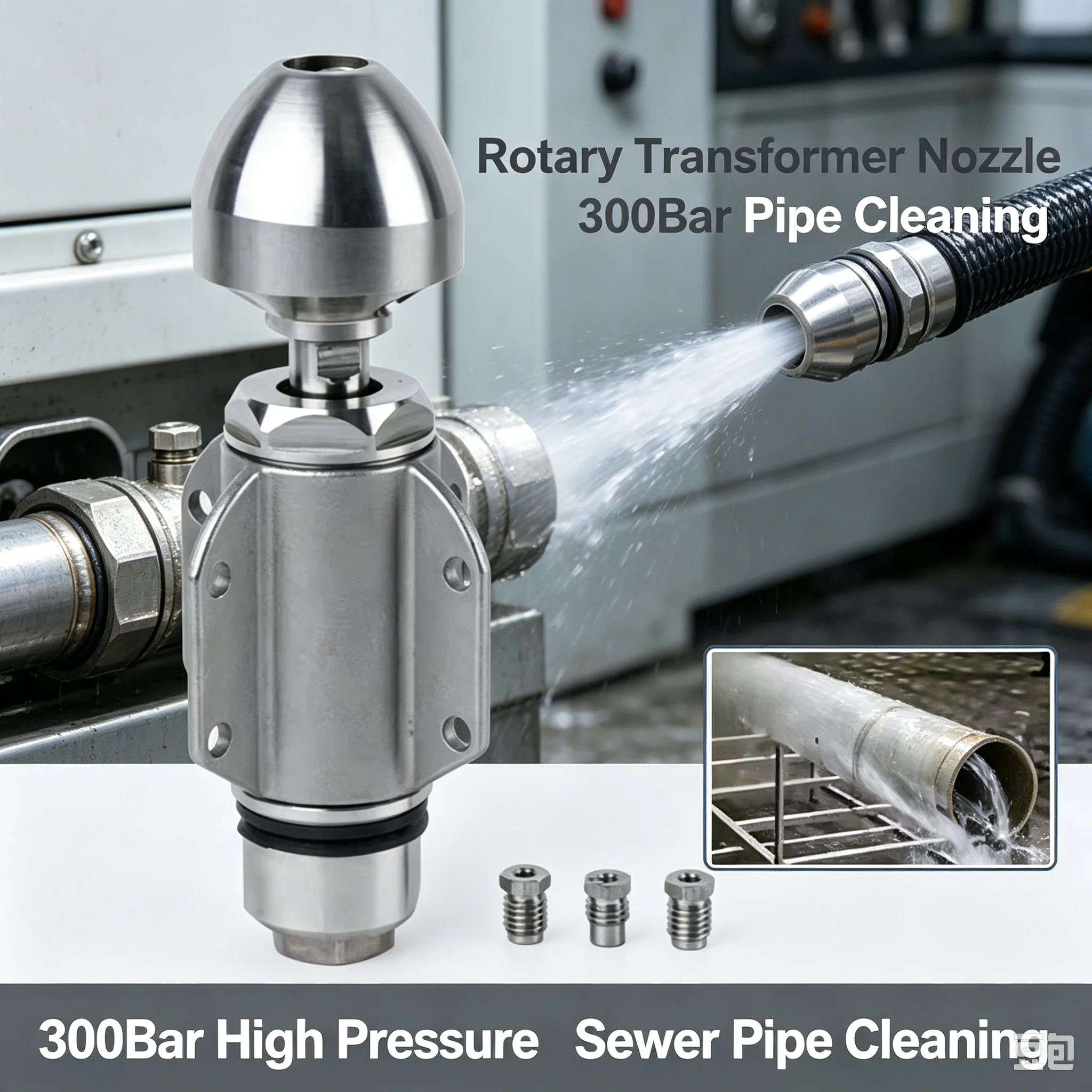 Premium 1/2 Female to 3/4 Male Rotary Transformer Nozzle, 300Bar High Pressure Rotating Cutting Nozzle for Sewer Pipe Cleaning