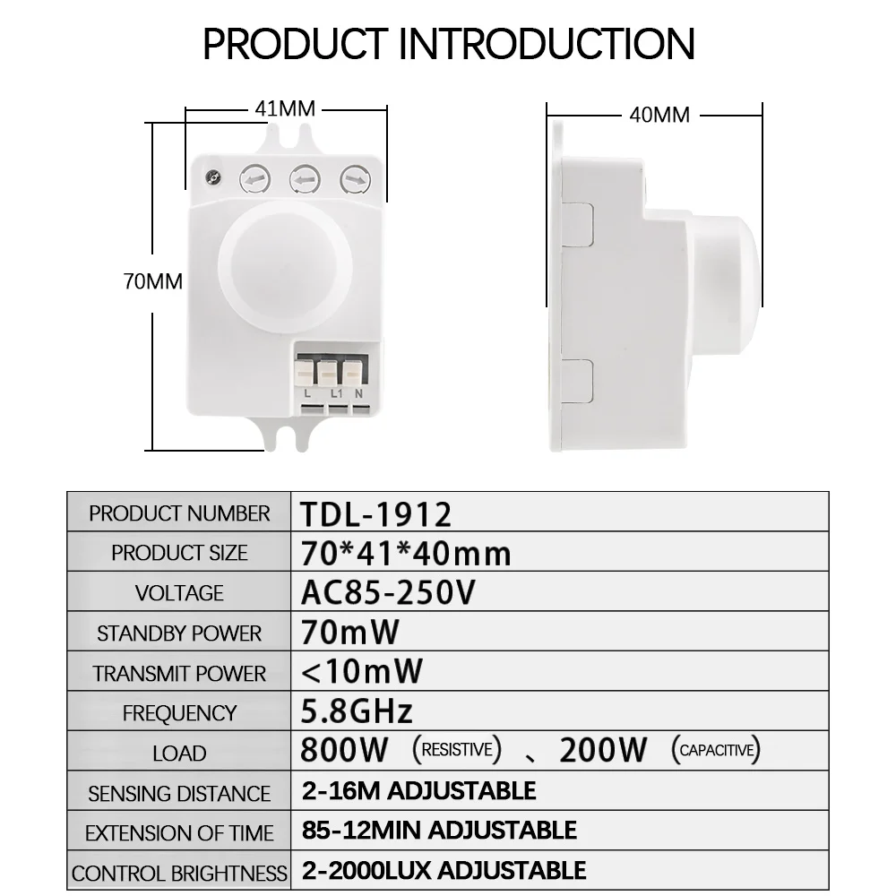 TDL-1912 Microwave Radar Sensor Switch AC 85-250V Microwave Automatic Induction Switch Smart Human Presence Motion Sensor Switch