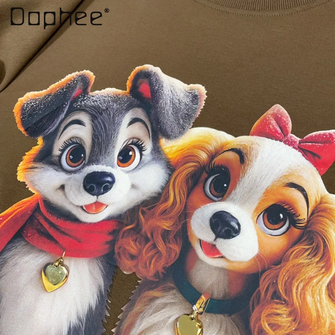 Retro American Style Cartoon Puppy Print Casual Loose Sweatshirts Female 2024 Autumn New Round Neck Long Sleeve Hoodies Women