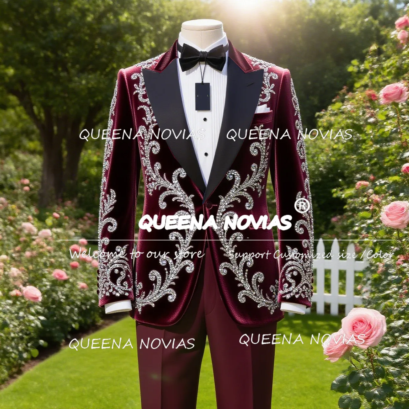 

Свадебные костюмы с блестящими кристаллами и бисером для мужчин, комплекты из 2 предметов, черная остроконечная этикетка, бархатные пиджаки для жениха, мужские смокинги по индивидуальному заказу