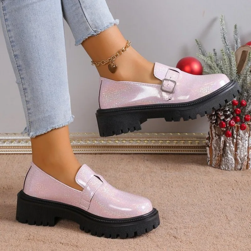 2024 Spring and Autumn Outwear Round Headed Square Heels Casual Women\'s Single Shoes Comfortable and Unique Casual Women\'s Shoes