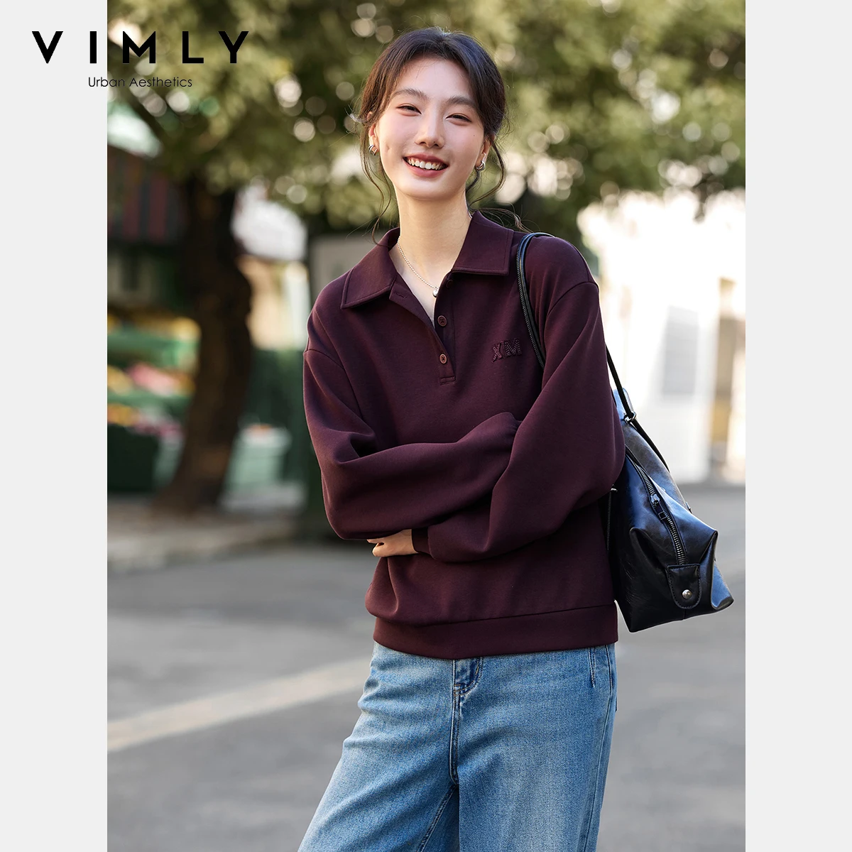 

VIMLY Sports Women Sweatshirts Letter Embroider Autumn 2025 Apricot Knitted Female Sweatshirt Elegant Polo Neck Ladies Top A2126