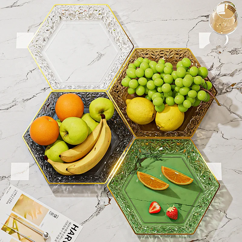 2Pcs Light luxury Hexagon Fruit Plate Living Room Dessert Biscuit Tray Home Table Decoration Candy Dish Cake Stand Salad Bowl