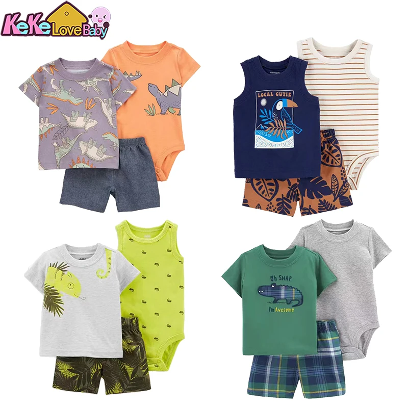 Summer Newborn Baby Boy Clothes Set 100%Cotton Outfit Short Sleeve Bodysuit Top And Bottom Cartoon Animals 3Pcs Infant Outfits