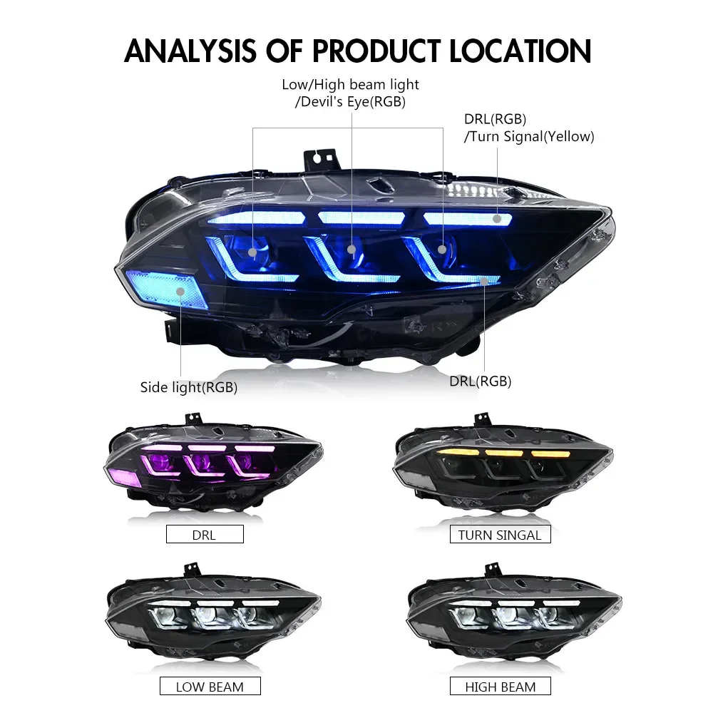 

Pop 18-22 For Ford Mustang RGB LED Front Lamps Dynamic Animated Car Modified Headlights Assembly