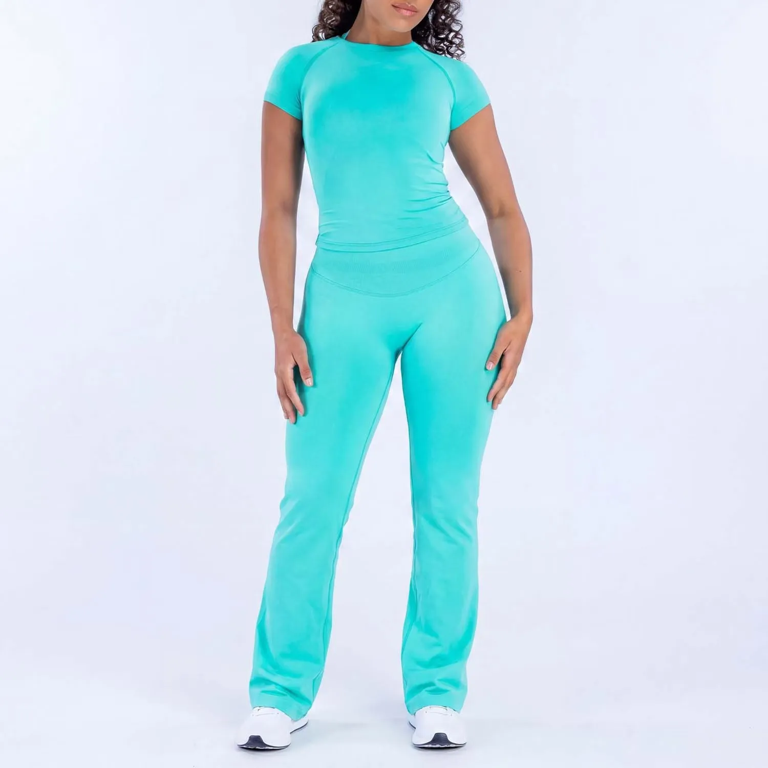 Dneyf High Stretch Crew Neck Korte Mouwen Top & Hoge Taille Flare Yogabroek 2-delige Set, Fitness Running Casual Sport Outfit