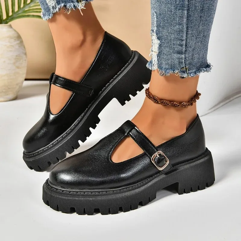 

2024 New Pumps Leather Women Calfskin Mary Janes Metal Buckle Square Toe Platform Ladies Shoes Handmade