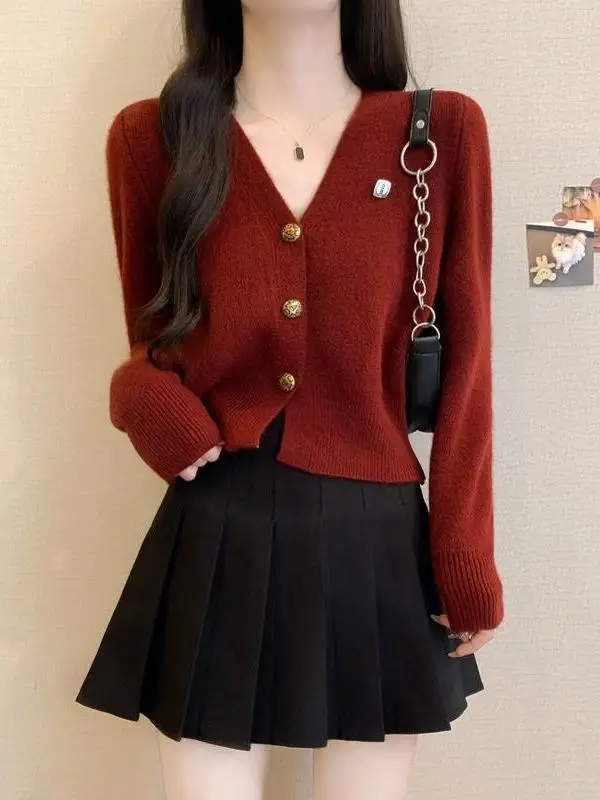 

Красный вязаный кардиган-пальто для женщин: весна-осень-зима, мягкий, с длинными рукавами, V-образным вырезом, на пуговицах, для ношения под одеждой