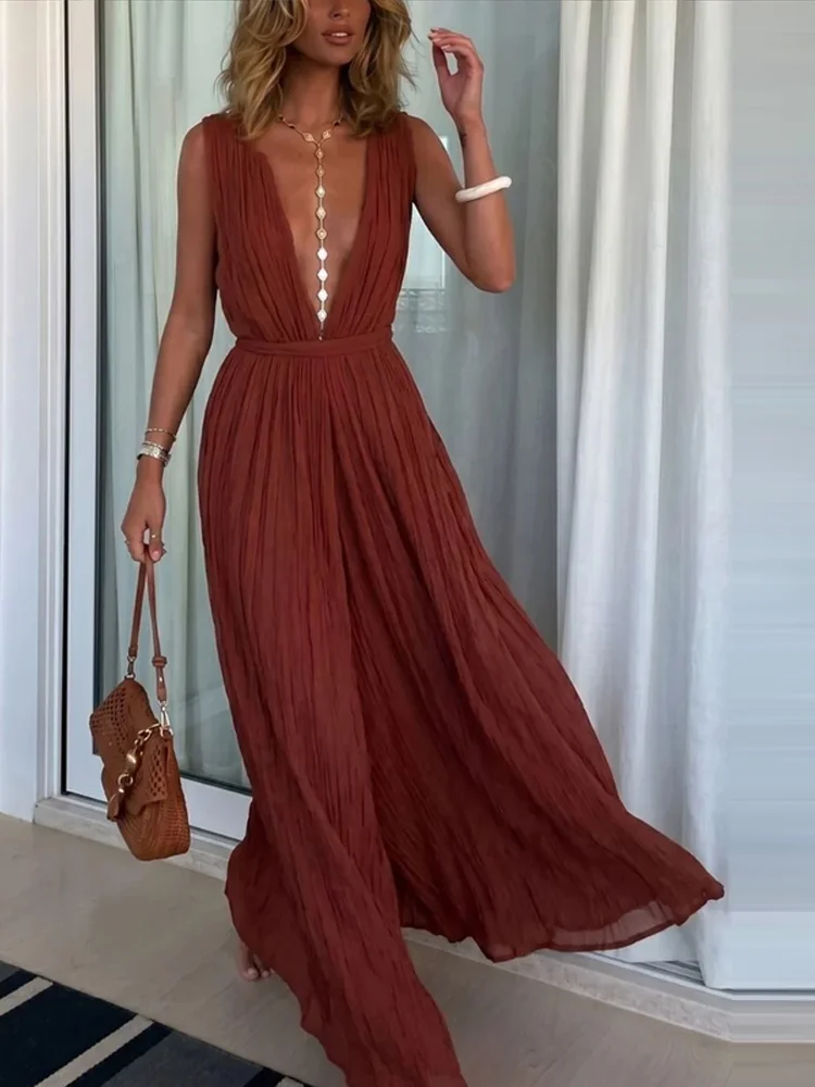 Sexy Women's Jumpsuit Deep V-neck Sleeveless Wide Leg Female Solid Jumpsuits 2026 Summer Fashion Chic Beach Vacation Lady Outfit