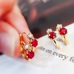 Classic Light Luxury Inlay Ruby Earrings for Women Simple and Small Red Gemstone Crystal Hoop Earings Wear Daily Jewelry