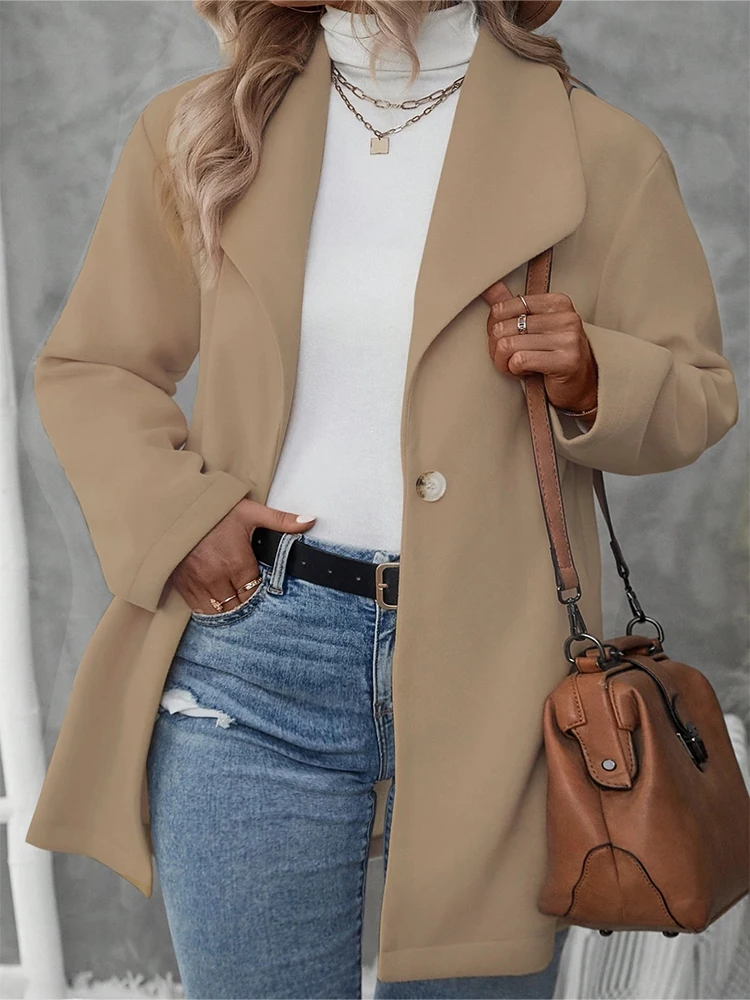 معطف نسائي مقاس كبير بجيوب مائلة واحدة الصدر بلون سادة وطية صدر السترة للخريف والشتاء جديد الخريف والشتاء أفضل الخيار #1