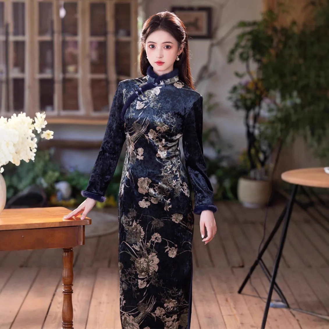 

Yourqipao 2025, зимнее синельное супермягкое длинное Ципао плюс бархатное утолщенное элитное черное платье Cheongsam в китайском стиле для женщин