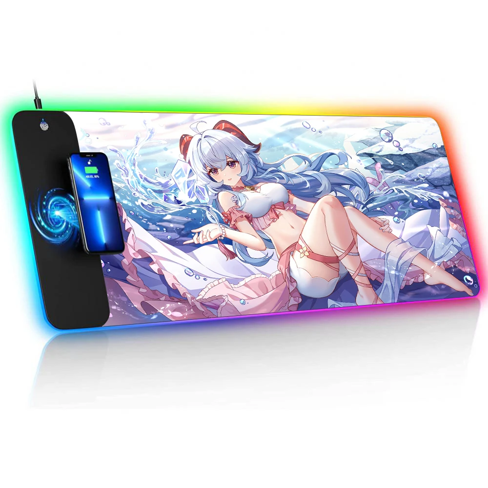 Mairuige RGB Wireless Charging Mouse Pad Ganyu Mousepad Speed Gaming Setup Carpet Office Laptop Desk Mat Kawaii Desk Accessories