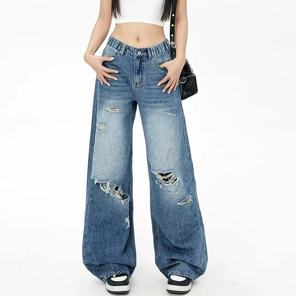 

Girls' Casual Washed Distressed Denim Pants - Student Stylish Straight-leg Jeans (Versatile & Trendy