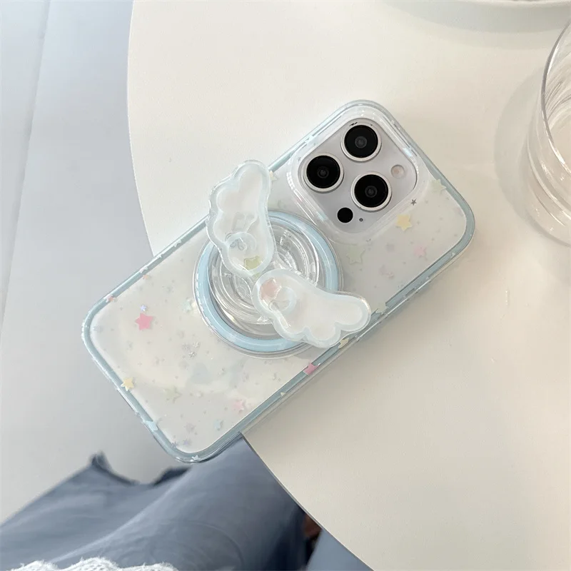 Korean Glitter Color Star Magnetic Phone Case For iPhone 16 Pro 14 15 Pro Max Cover with Cute Wing Stand Holder Shockproof Cases