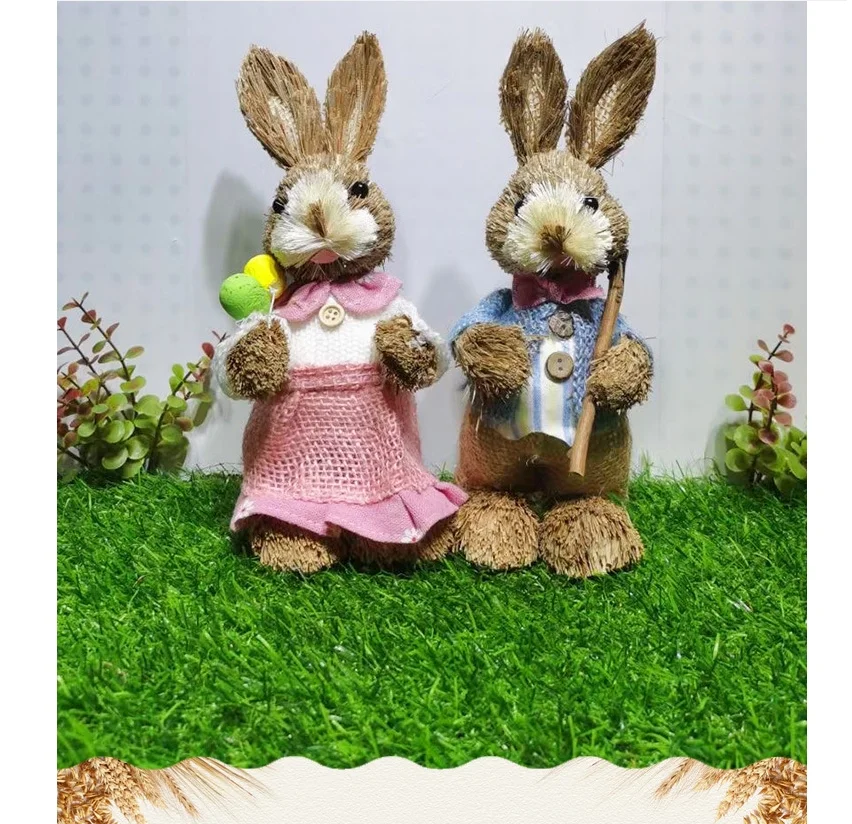

2025 Easter Decorative Handicra Straw Rabbit Ornament Creative Artificial Bunny Figure 25cm Home Holiday Cute with Flower Wreath