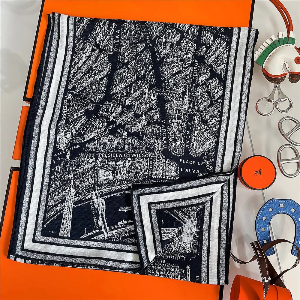 

30% Silk 70%Cashmere Scarf Women Hand Rolled City Printed Long Scarves Wraps Bandana Big Shawls Hijabs Female Foulards