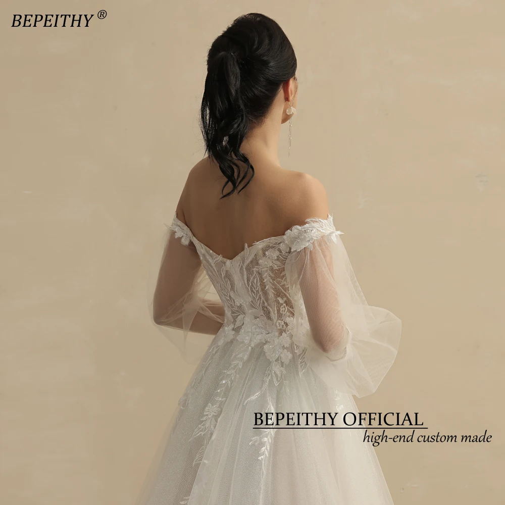 BEPEITHY Customized Boho Wedding Dresses For Women 2023 Bride Deep Neck Full Sleeves A Line Glitter Bridal Gowns Sweep Train New