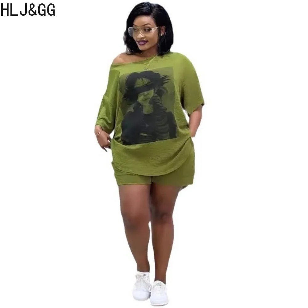 HLJ&GG Green Fashion Pattern Print One Shoulder Tops Two Piece Sets for Women Short Sleeve Loose Tshirt and Shorts Outfits 2024