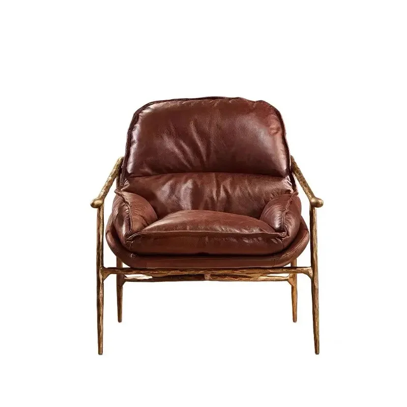 Medieval hand-forged wrought iron leather single sofa chair living room retro oil wax leather leisure chair