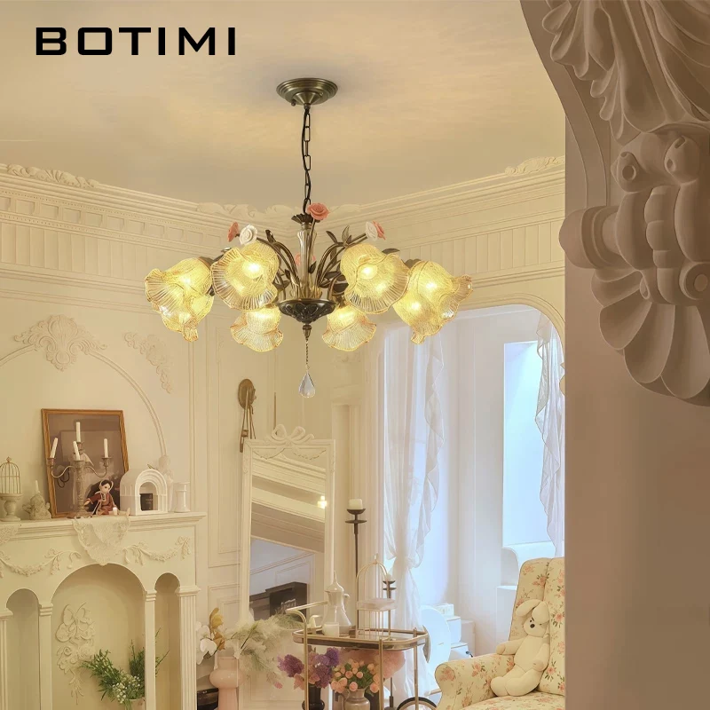 

BOTIMI New Arrival French Romantic Glass Lampshade Chandelier For Living Room Bedroom Retro Ceramic Flowers Hanging Chandeliers