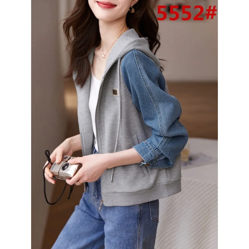 

Korean Japanese Casual Denim Patchwork Top 2023 Autumn New Dstring Hood Versatile Outerwear Women's Faion Urban Sle Lo...