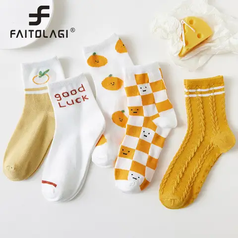 5Pairs Gele Serie Vrouwen Midden Buis Sokken Lente Herfst Lange Sok Ademende Sport Katoenen Sokken Leuke Print Meisjes Schoeisel