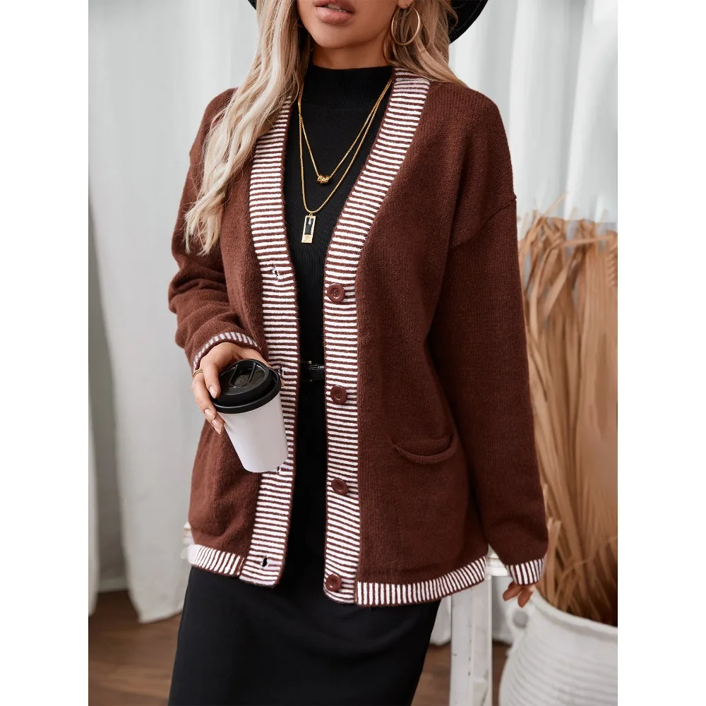 

Single Breasted Knitted Jumpers Women Spliced Sweater V Neck Cardigan Casual Loose Fit Print Sweaters Slight Strech Buttons