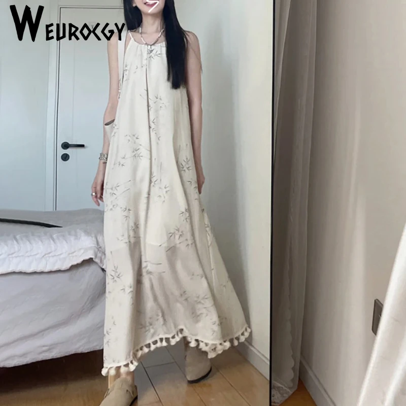 Women Dress 2024 Summer Comfortable New Style Casual Loose French Style Floral Print Sleeveless Strap Sling Long Dresses