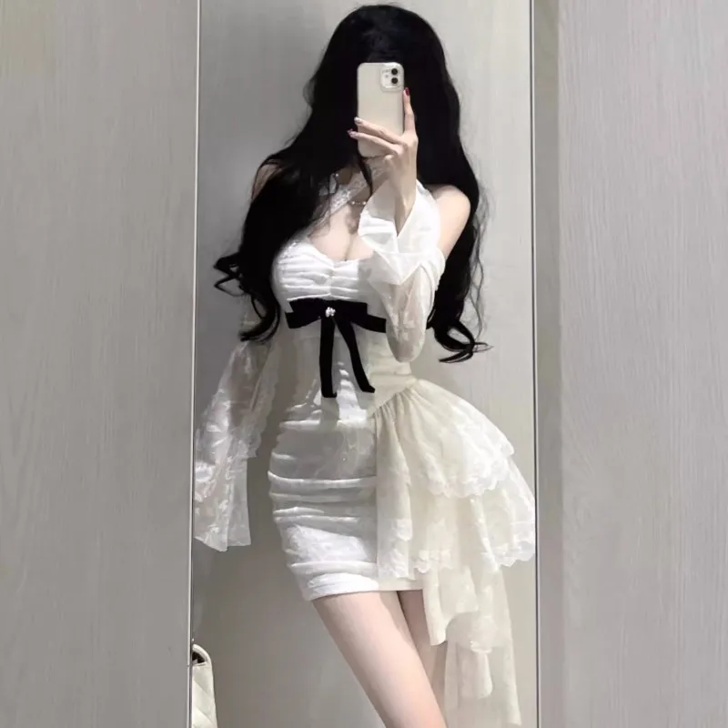 Y2K Lace Bodycon Mini Dresses for Women Slash Neck Flare Sleeve A-line Birthday Party Short Train Dress Korean Fashion Vestidos
