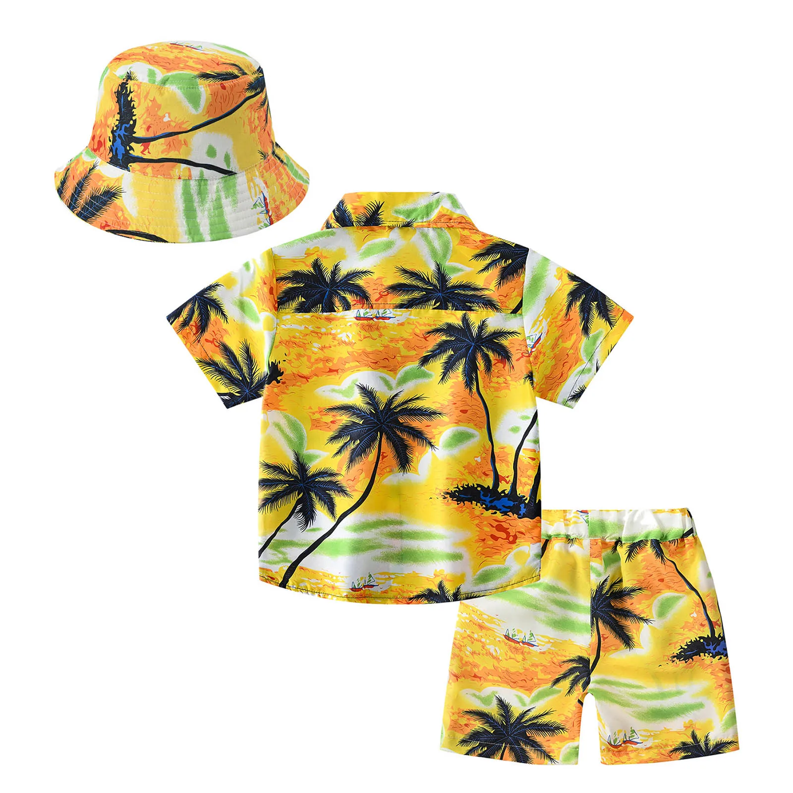 Kids Boys Summer Beach Clothes Set Hawaiian Outfits Print Short Sleeve Shirt with Shorts Bucket Hat Pool Swimwear Beachwear