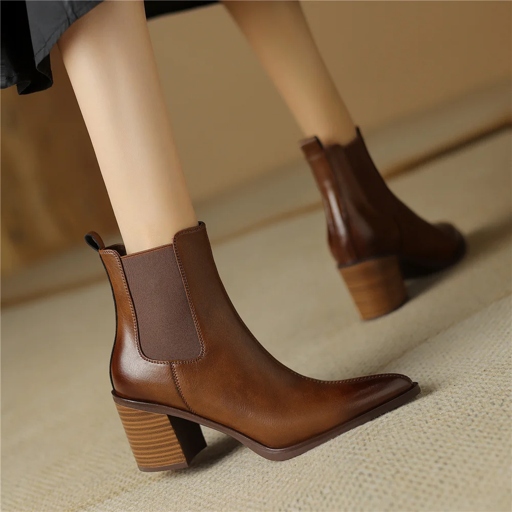 FEDONAS Mature Pointed Toe Women Ankle Boots Genuine Leather Thick High Heels 2024 Autumn Winter Basic Office Lady Shoes Woman