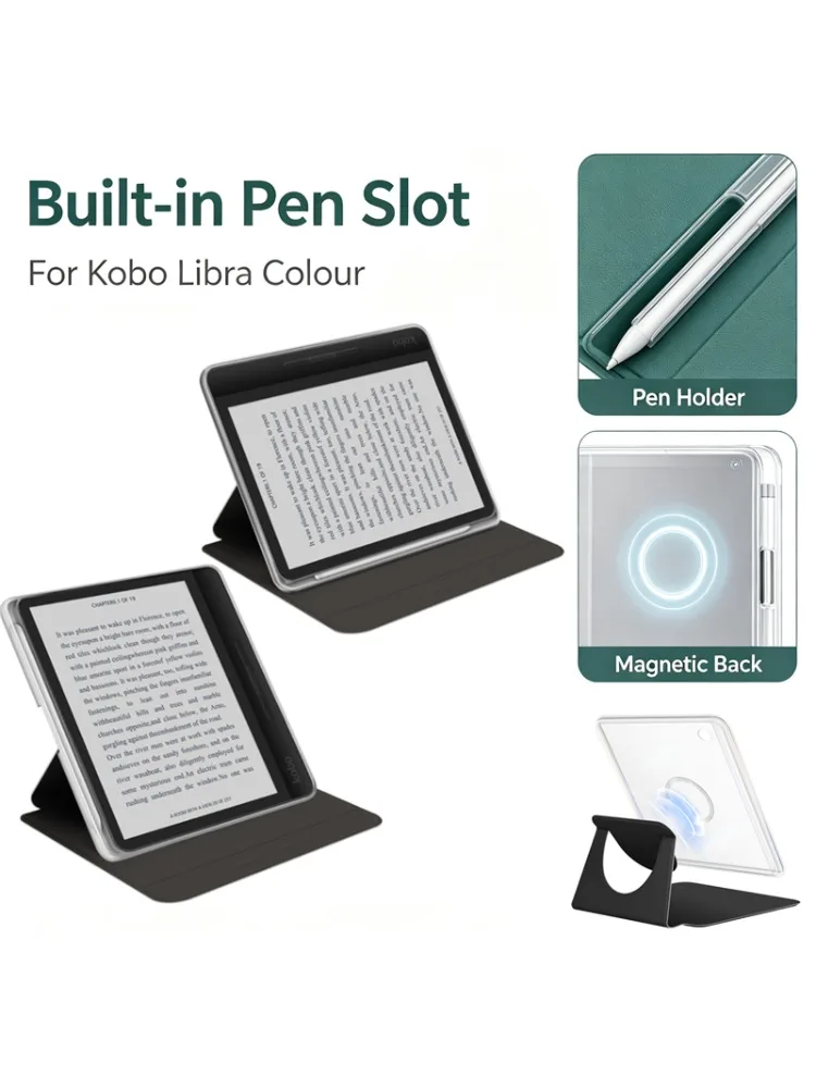Magnetyczne, odłączane etui na e-reader Kobo Libra Colour Color N428 7'' z przegródką na rysik, podstawką, ze skóry PU, funkcją automatycznego włączania/wyłączania ekranu. — zdjęcie produktu 7