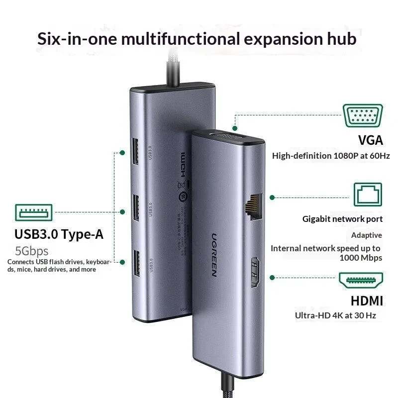 UGREEN 90885 USB-C Hub 6-in-1 HDMI 4K 30Hz VGA Gigabit Ethernet 3 USB 3.0 Ports Multiport Adapter for Laptop Display and Data