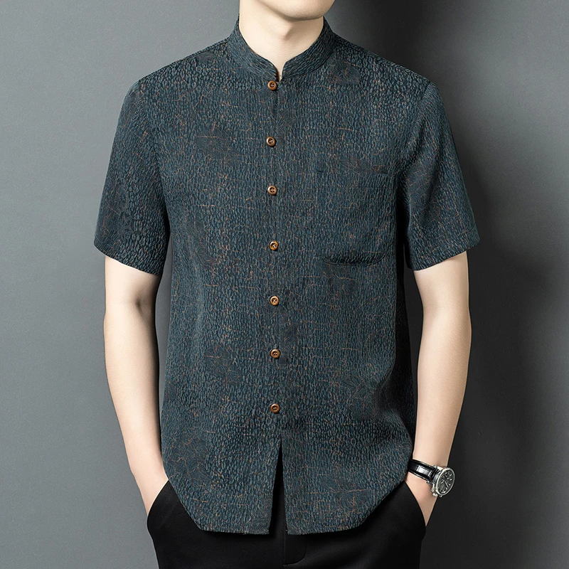 National Style Real Silk 100% Shirts For Men Short Sleeve Casual Summer Quality Lightweigt Tang Costume Luxury Camisas De Hombre
