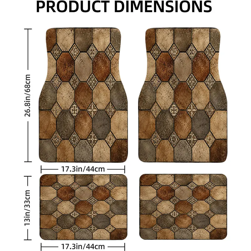 Mediterranean Hexagon Tile Car Floor Mats, 4pcs Universal Set, Terracotta-Inspired Honeycomb Mosaic with Ornamental Accents in E