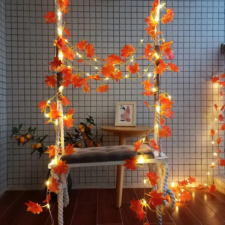 2-10m Solar Maple Leaf Vine String Lights Artificial LED Maple Vine Garland Lights for Wedding Xmas Halloween Party Room Decor