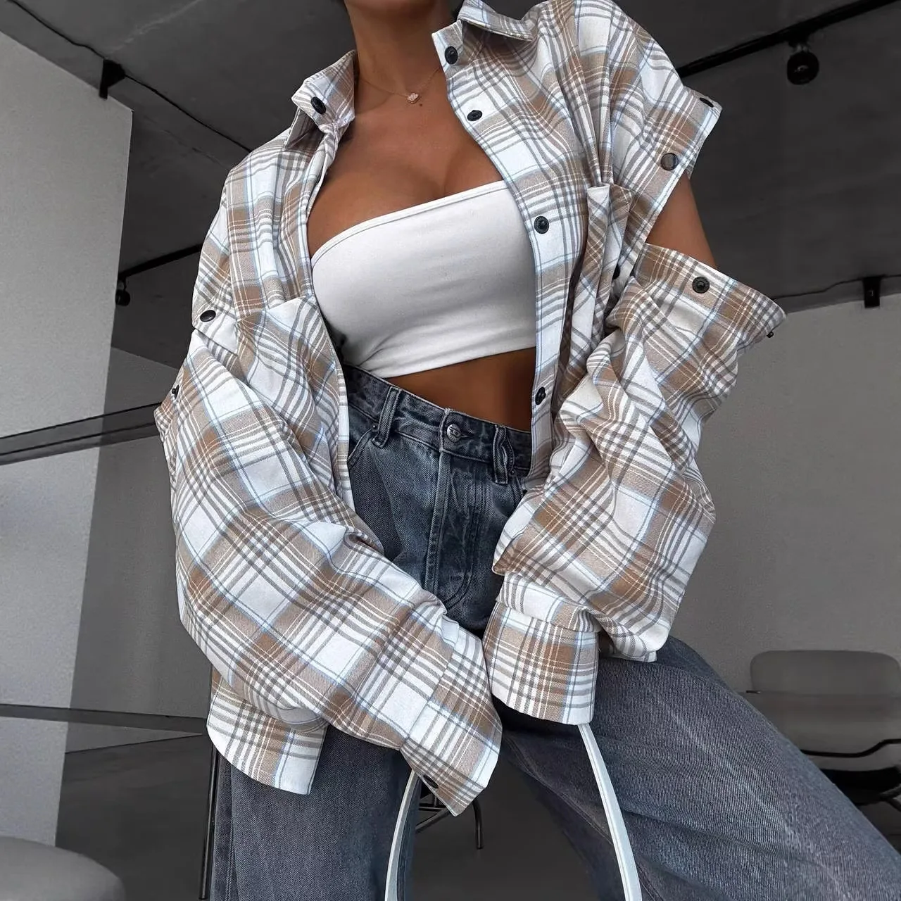 2026 Spring Plaid Removable Long Short Sleeve Big Pocket Top Retro Fashion Plaid